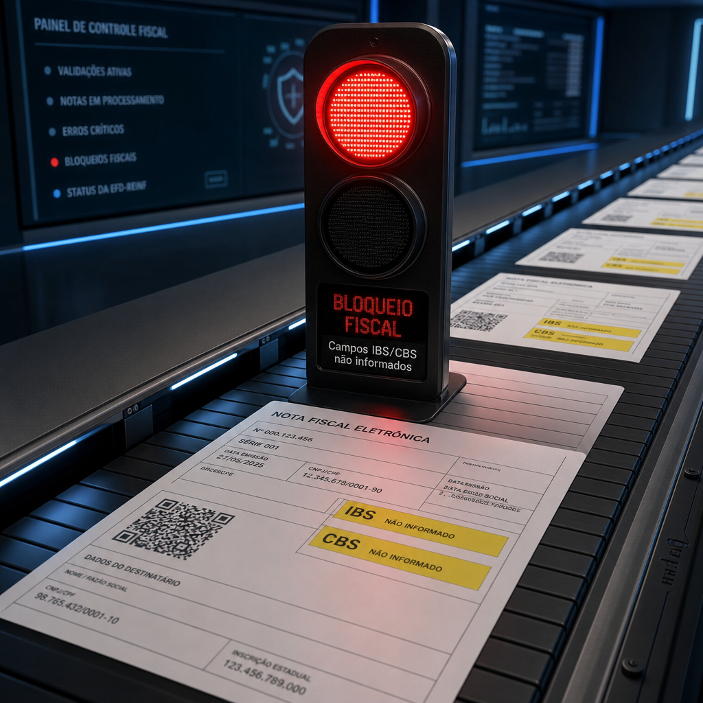 Semáforo digital bloqueando esteira de notas fiscais eletrônicas, campos IBS/CBS em destaque, sala de controle fiscal moderna, editorial, sofisticado, sem pessoas