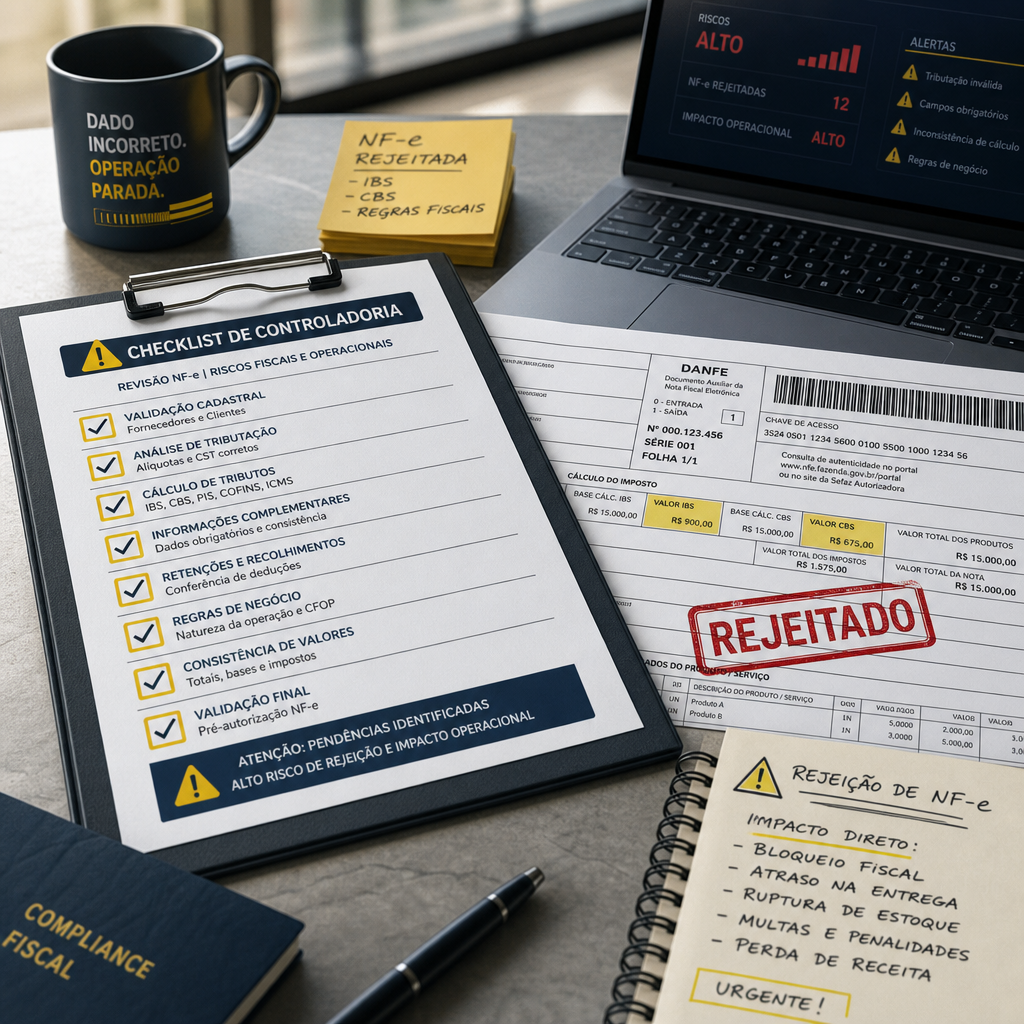 Checklist de controladoria sobre mesa corporativa com nota fiscal eletrônica rejeitada, campos de IBS e CBS em destaque, ambiente de escritório moderno, sem pessoas, estilo editorial sofisticado