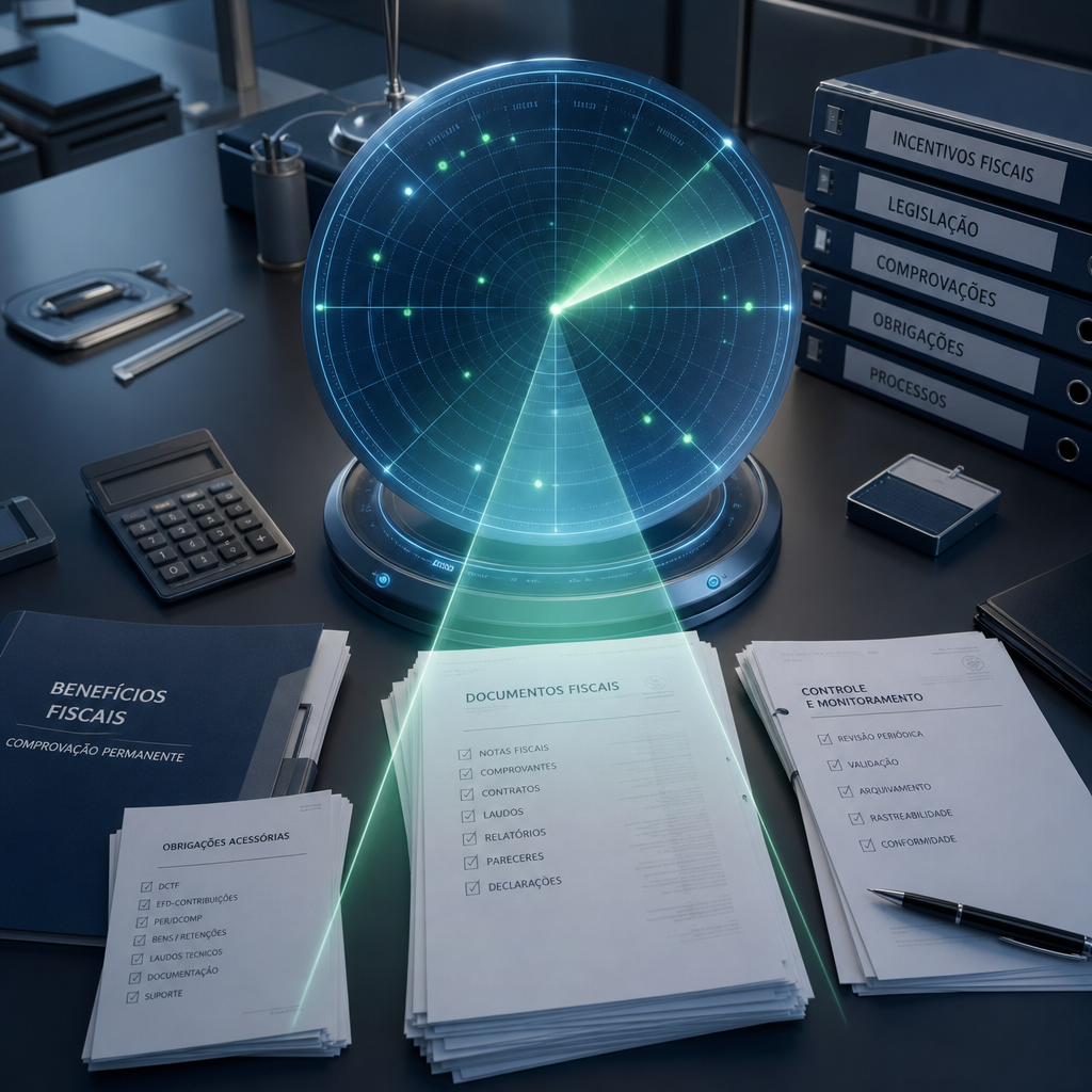 Monitoramento contínuo de benefícios fiscais: radar digital escaneando documentos fiscais sobre mesa de controladoria