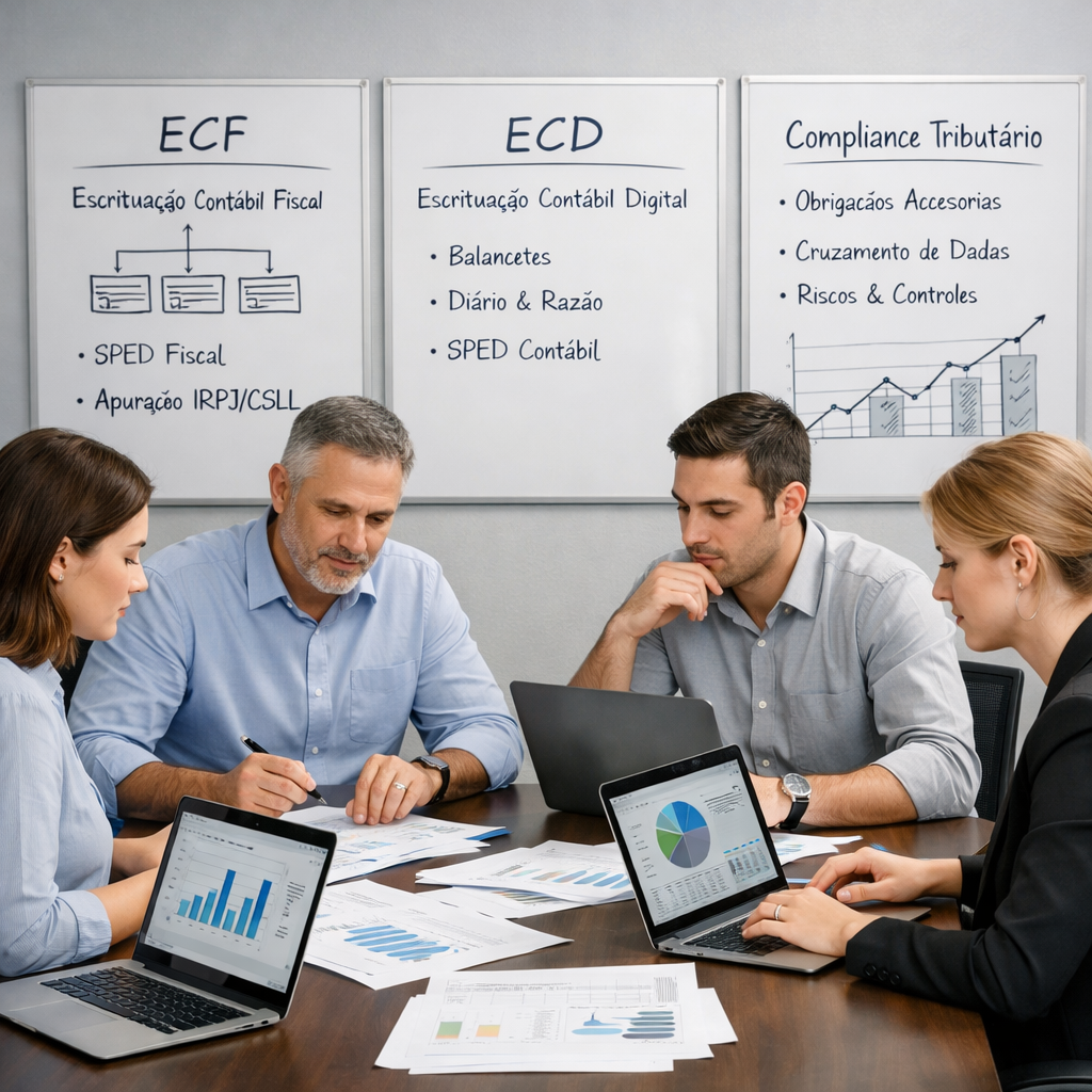 Equipe de controladoria analisando relatórios fiscais em escritório moderno