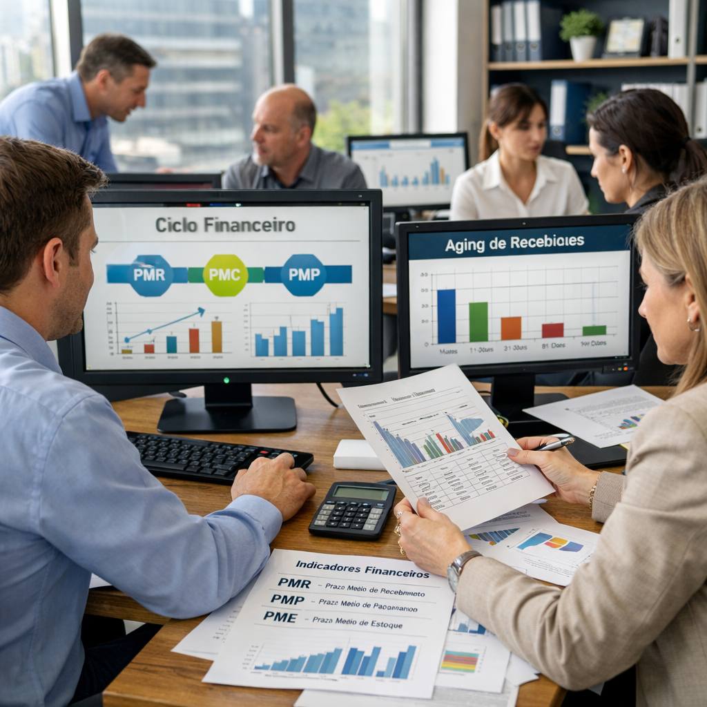 Ambiente de controladoria financeira com profissionais analisando gráficos de ciclo financeiro, PMR, PMP e aging de recebíveis