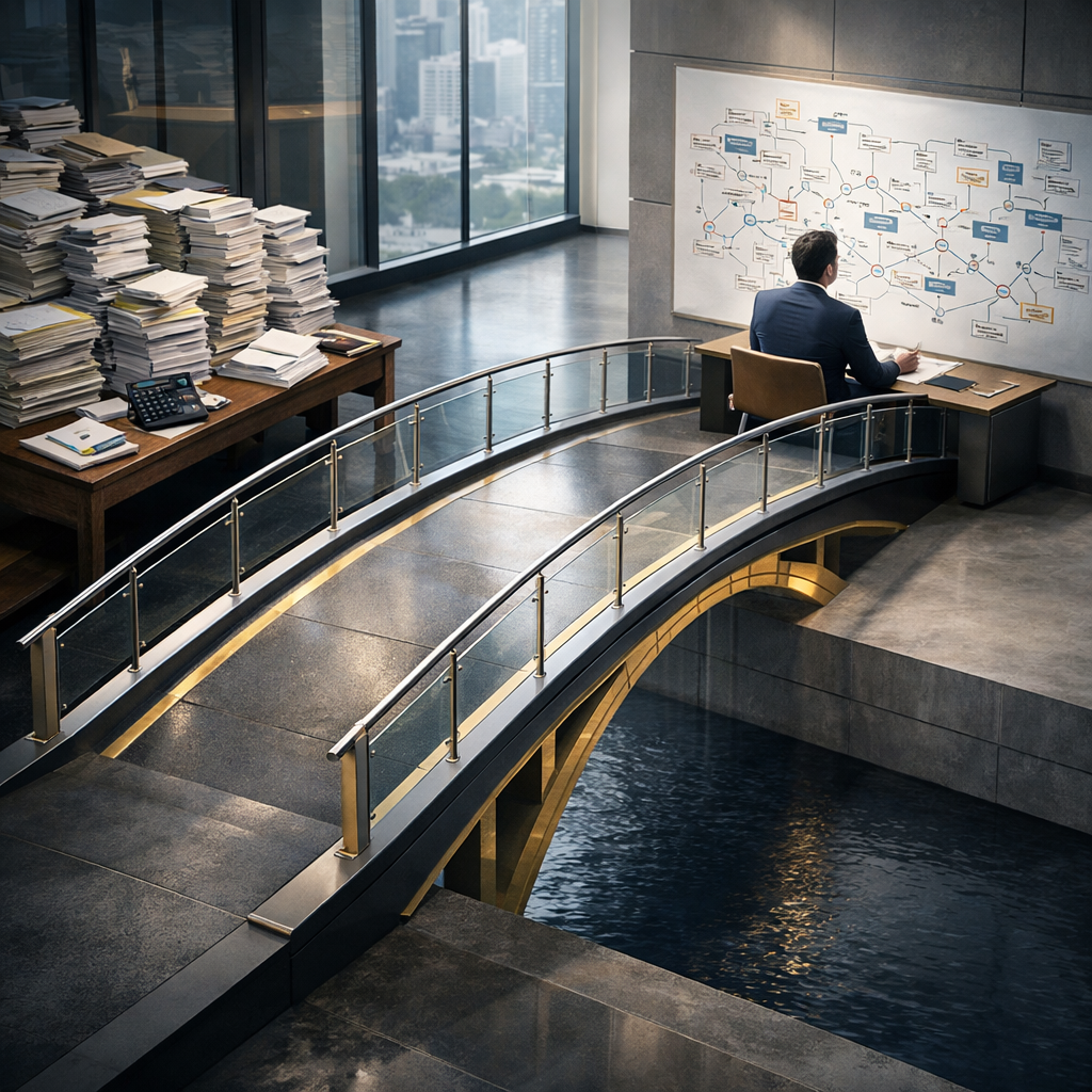 Ponte conectando trabalho operacional tradicional a uma mesa limpa com controller analisando mapa de decisões estratégicas, simbolizando a transição do papel do controller na era da IA.
