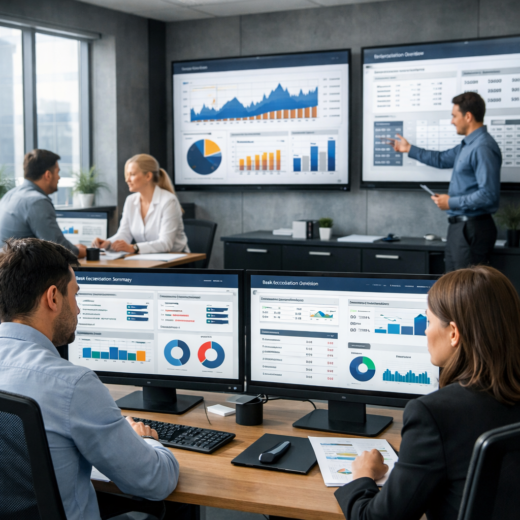 Escritório de controladoria financeira com equipe analisando dashboards de conciliação bancária automatizada