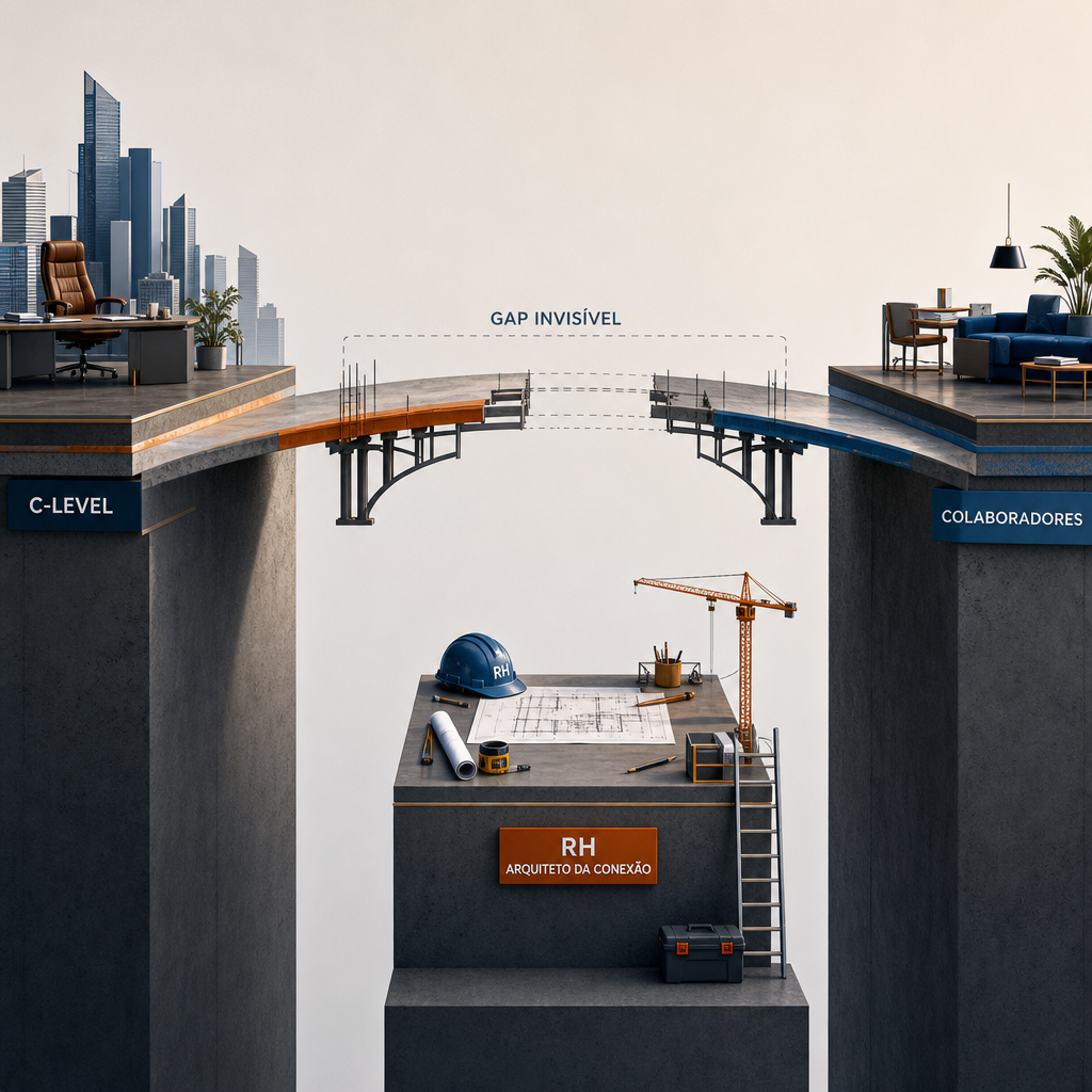 Metáfora visual de um gap invisível entre três níveis: uma ponte inacabada conectando três plataformas em alturas diferentes, representando C-level, RH e colaboradores. No centro, o RH atua como arquiteto, com ferramentas de construção, tentando fechar o vão entre as plataformas.