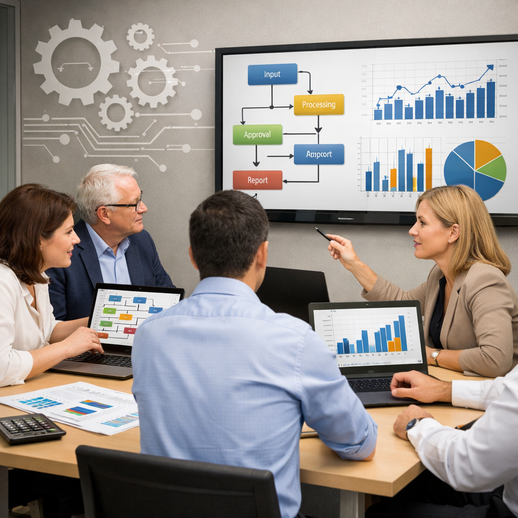 Equipe de controladoria analisando processos de automação em escritório moderno