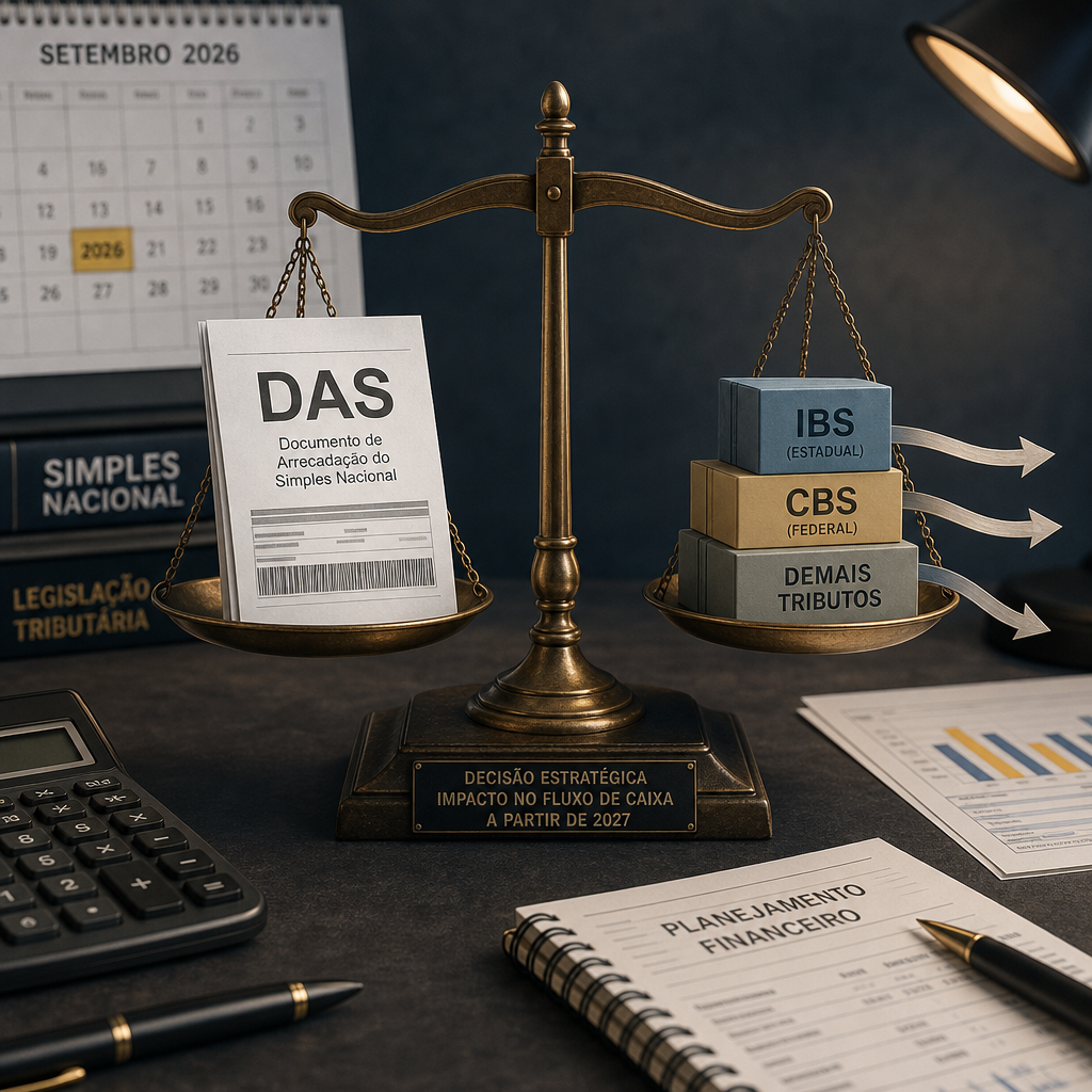 Balança corporativa com guia única (DAS) de um lado e blocos separados de impostos (IBS/CBS) do outro, sobre mesa de controller financeiro, calendário marcando setembro de 2026 ao fundo, estilo editorial sofisticado